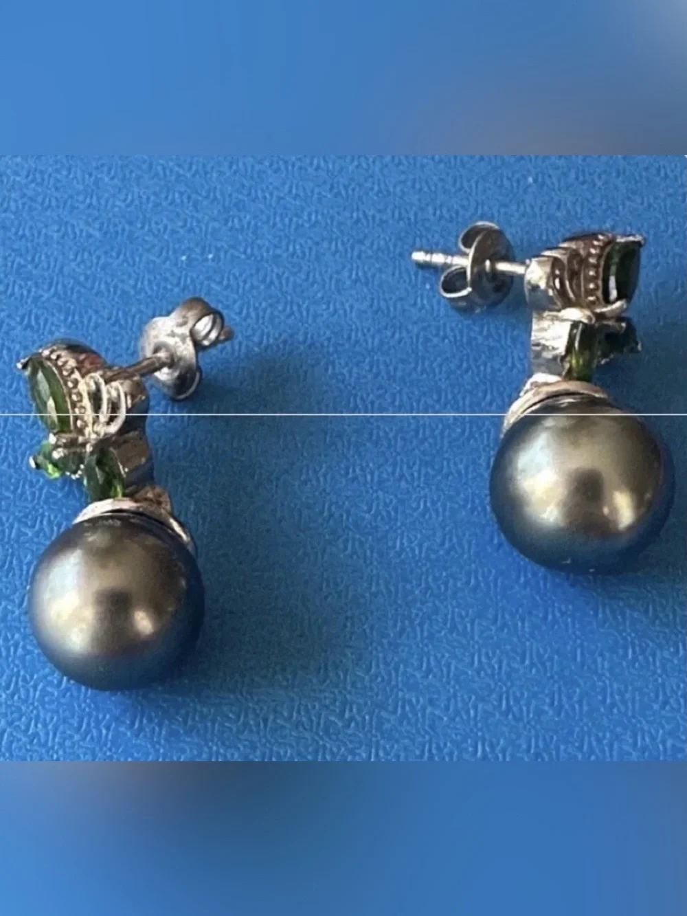 Sterling Silver Black Pearl Drop Earrings with Green Accent Stones